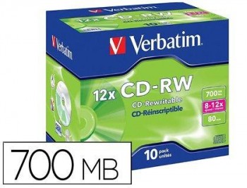 CD-RW VERBATIM REGRABABLE 700MB 52X 80MIN PACK10 UNIDADES