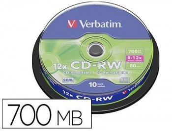CD-RW VERBATIM REGRABABLE 700MB 52X 80MIN TARRINA 10 UNIDADES