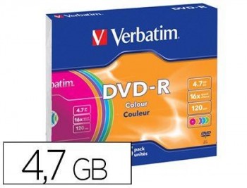 Dvd-r verbatim azo capacidad 4.7gb velocidad 16x 120 min pack de 5 unidades colores surtidos caja slim