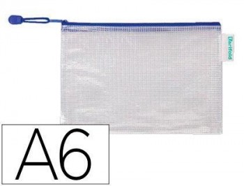 Bolsa multiusos tarifold pvc din a6 apertura superior con cremallera portaboligrafo y correa azul