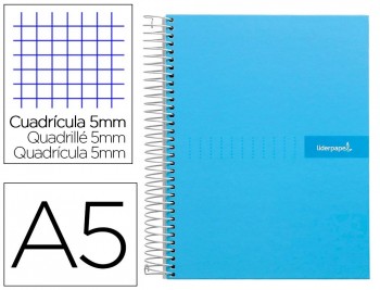 Cuaderno espiral liderpapel a5 micro crafty tapa forrada 120h 90 gr cuadro 5mm 5 bandas6 taladros color celeste