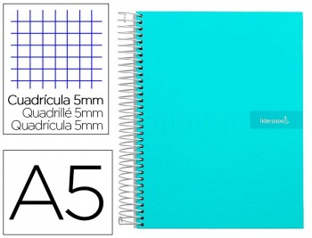 Cuaderno espiral liderpapel a5 micro crafty tapa forrada 120h 90 gr cuadro 5mm 5 bandas6 taladros color turquesa
